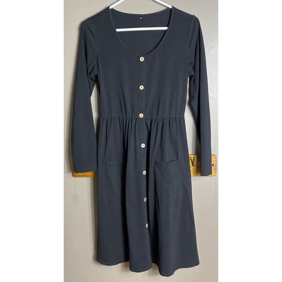 Black Jersey Knit Dress Fit Flare Midi Comfy Casual Cotton Pockets Basic Women S - Picture 5 of 9